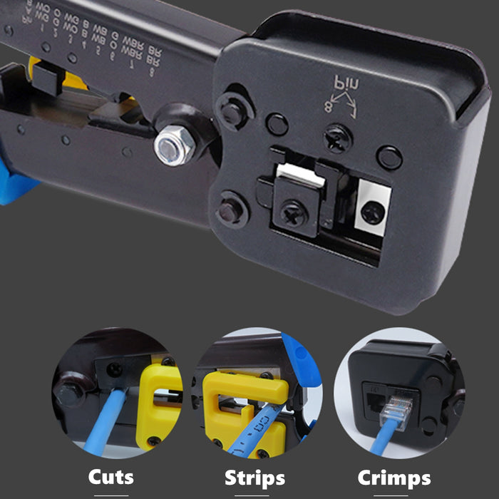 Yankok RJ45 RJ12 RJ11 Pass Through Crimper, Crimp Strip and Cut, Black Handle, Heavy Duty