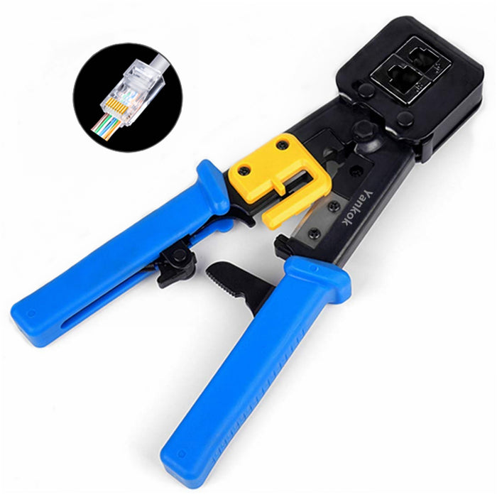 Yankok RJ45 RJ12 RJ11 Pass Through Crimper, Crimp Strip and Cut, Black Handle, Heavy Duty