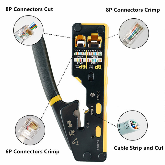 Yankok HT6088 Pass Through Crimper Crimp Strip and Cut RJ45 RJ12 RJ11 Network Connectors and Ethernet Cables