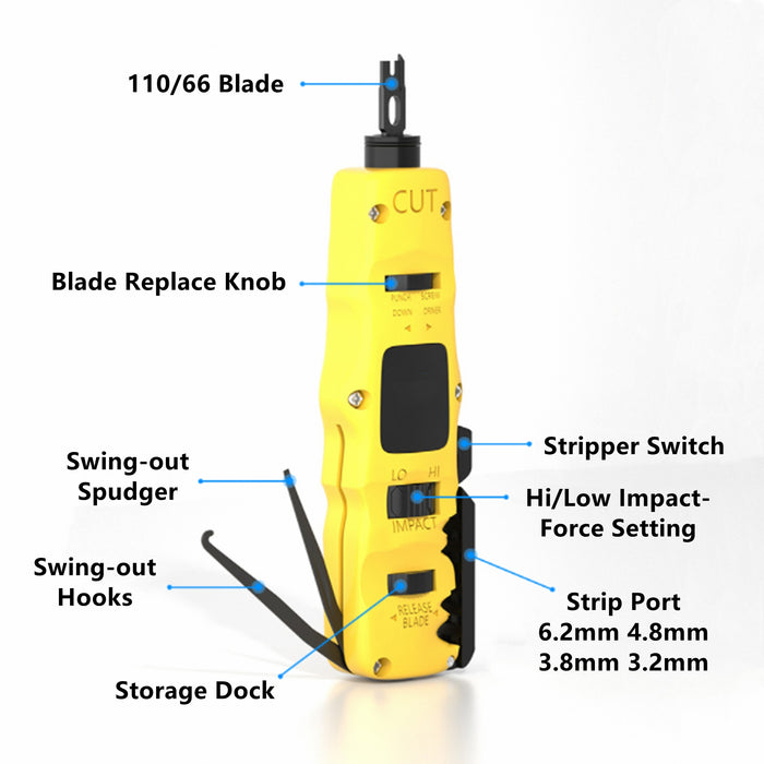 Yankok 374B Impact Punch Down Tool with 110/88 Blade, Built-in Cable Stripper, Swing-out Hook and Spudger