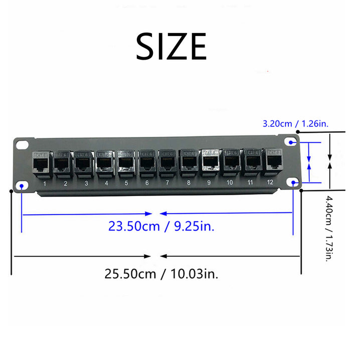 Yankok CAT6 12 Port Feed Through Patch Panel 10in. 1U Rack Mount