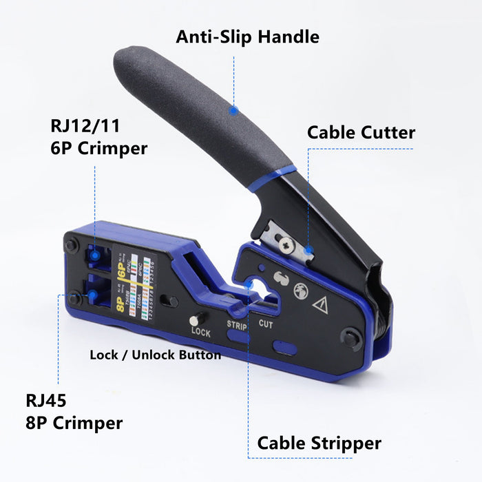 Yankok 6028N RJ45 Modular Crimper RJ12/11 Crimps Strip and Cut (Non Pass-Thru）