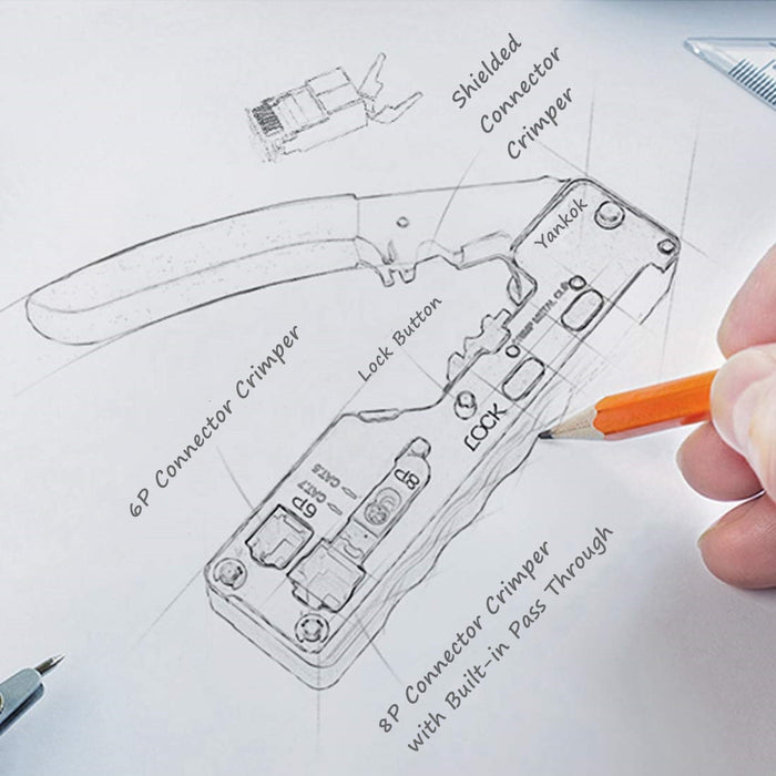 Yankok CAT5 CAT6a CAT7 Pass Through Crimper (RJ45 Pass-Thru RJ12 RJ11 Regular Crimp and Cut) HT-7088 Yellow