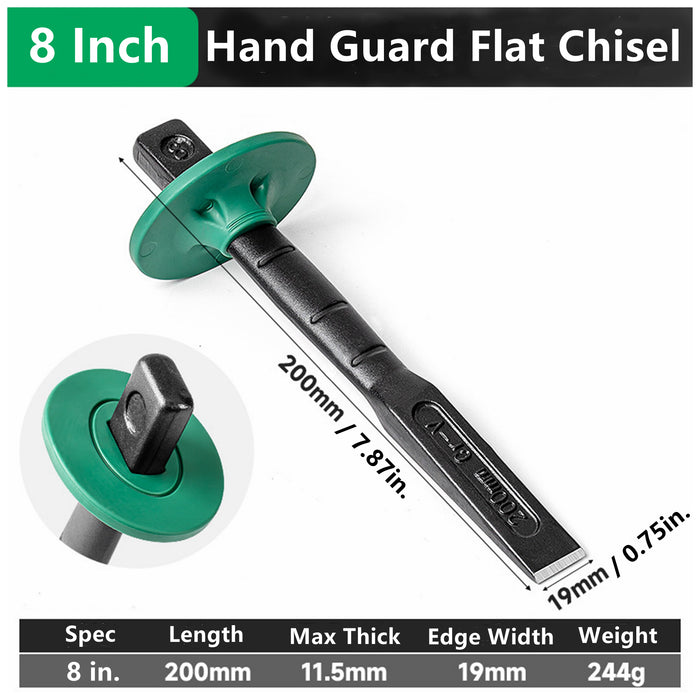 Yankok 8in. Flat Chisel with Hand Guard Green, 0.75in. Cut, 7.87in. Handle, Chrome Vanadium Alloy Steel