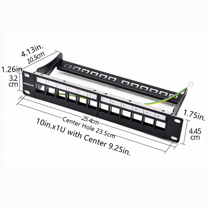 Yankok 12 Port Blank Patch Panel with Ground Wire 10in.x1U Detachable Cable Management Rack