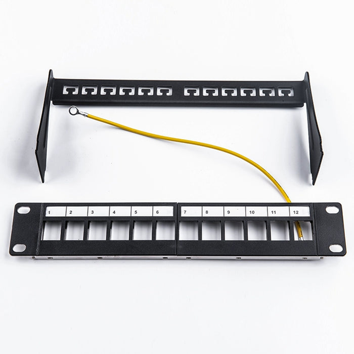 Yankok 12 Port Blank Patch Panel with Ground Wire 10in.x1U Detachable Cable Management Rack