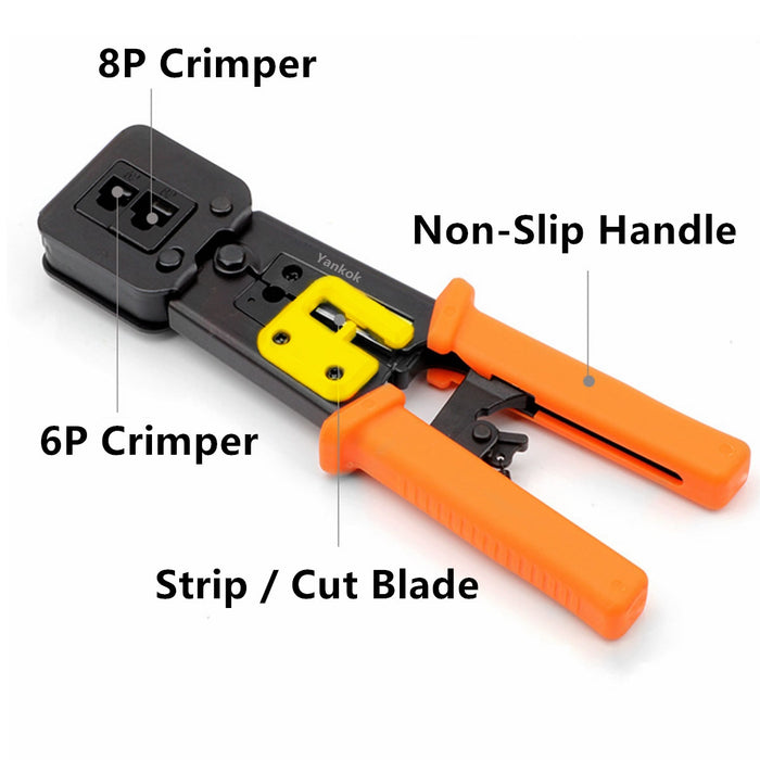 Yankok RJ45 RJ12 RJ11 Pass Through Crimper, Crimp Strip and Cut, Orange Handle, Heavy Duty