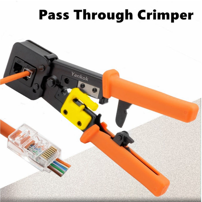 Yankok RJ45 RJ12 RJ11 Pass Through Crimper, Crimp Strip and Cut, Orange Handle, Heavy Duty