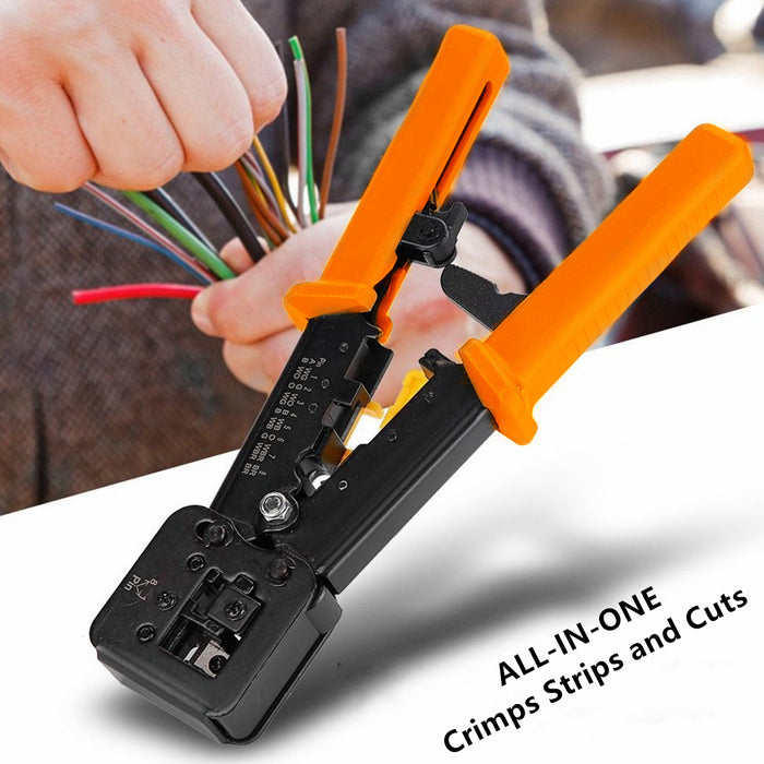 Yankok RJ45 RJ12 RJ11 Pass Through Crimper, Crimp Strip and Cut, Orange Handle, Heavy Duty