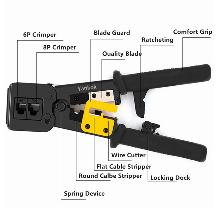 Yankok RJ45 RJ12 RJ11 Pass Through Crimper, Crimp Strip and Cut, Black Handle, Heavy Duty