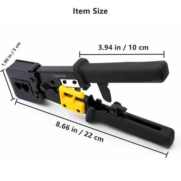 Yankok RJ45 RJ12 RJ11 Pass Through Crimper, Crimp Strip and Cut, Black Handle, Heavy Duty