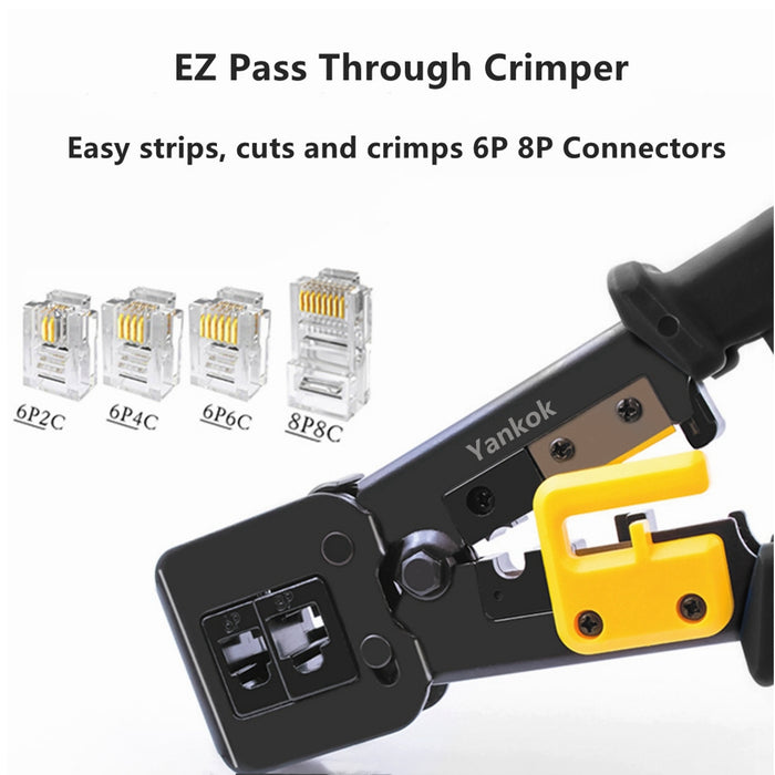 Yankok RJ45 RJ12 RJ11 Pass Through Crimper, Crimp Strip and Cut, Black Handle, Heavy Duty