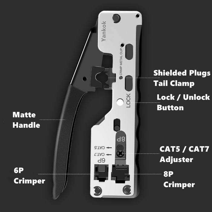 Yankok HT-7018SL RJ45 Shielded Crimper (CAT5/5e CAT6/6a CAT7 Shielded and RJ12/RJ11 Unshielded Crimp) Nickel Coated Silver Style