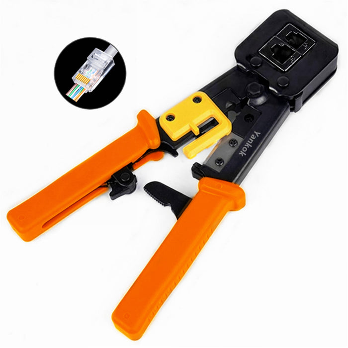 Yankok RJ45 RJ12 RJ11 Pass Through Crimper, Crimp Strip and Cut, Black Handle, Heavy Duty