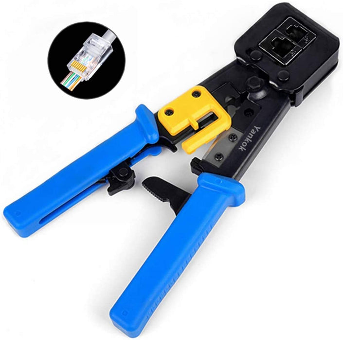 Yankok RJ45 RJ12 RJ11 Pass Through Crimper, Crimp Strip and Cut, Orange Handle, Heavy Duty