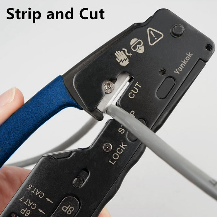 Yankok The Ultimate Pass Thru Crimper RJ45 RJ12 RJ11 Regular and Pass-thru Crimp Strip and Cut HT-6098 Blue