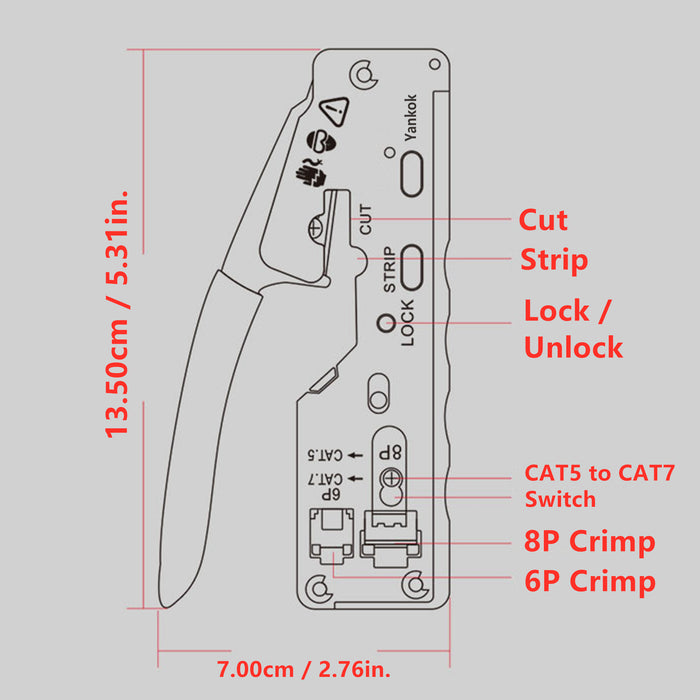 Yankok The Ultimate Pass Thru Crimper RJ45 RJ12 RJ11 Regular and Pass-thru Crimp Strip and Cut HT-6098 Red