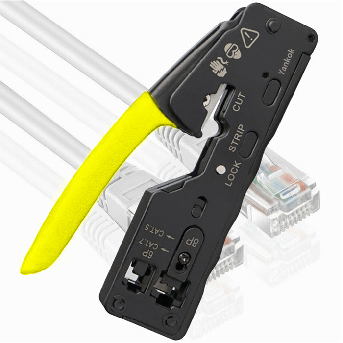 Yankok The Ultimate Pass Thru Crimper RJ45 RJ12 RJ11 Regular and Pass-thru Crimp Strip and Cut HT-6098 Yellow