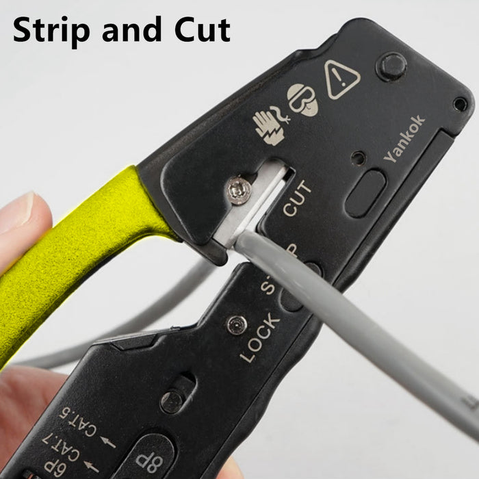 Yankok The Ultimate Pass Thru Crimper RJ45 RJ12 RJ11 Regular and Pass-thru Crimp Strip and Cut HT-6098 Yellow