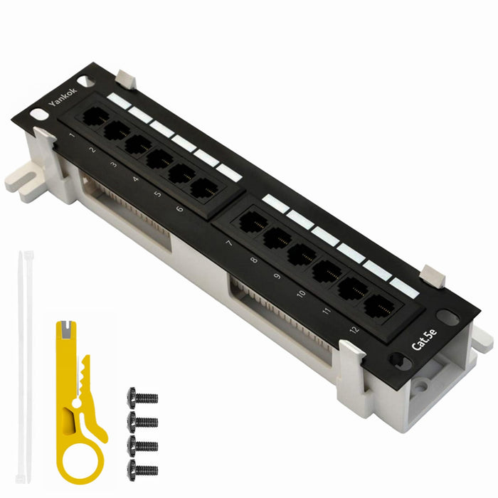 Yankok CAT6 12 Port Patch Panel with Bracket 10in.x1U Rack/Wall Mount