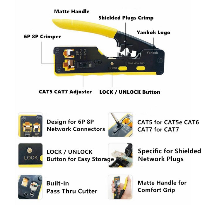 Yankok CAT5 CAT6 CAT7 Pass Through Crimper (RJ45 RJ12 RJ11 Pass-Thru and Regular Crimp and Cut) HT-7088YW Yellow