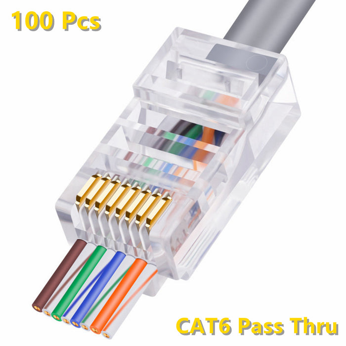 Yankok RJ45 CAT6 Pass-Through Connectors 8P8C Gold Plated 3-Prong Pins Pack of 100