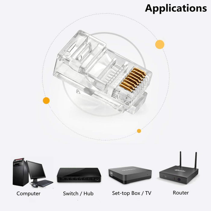 Yankok RJ45 CAT6 Pass-Through Connectors 8P8C Gold Plated 3-Prong Pins Pack of 100