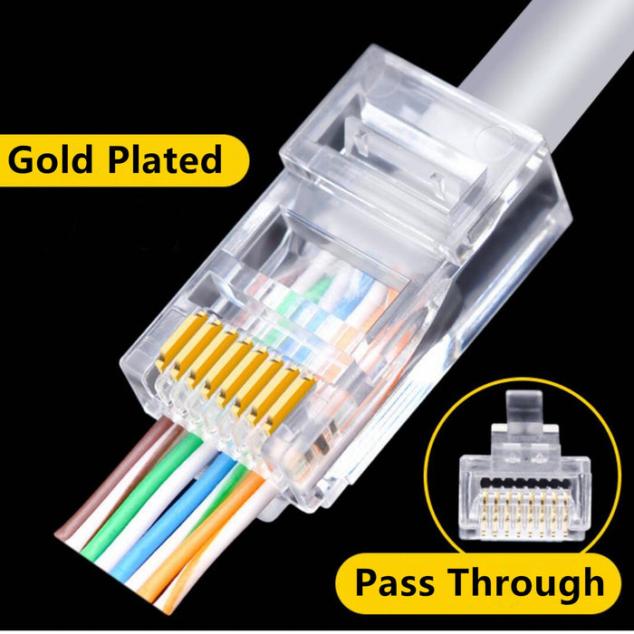 Yankok RJ45 CAT6 Pass-Through Connectors 8P8C Gold Plated 3-Prong Pins Pack of 100