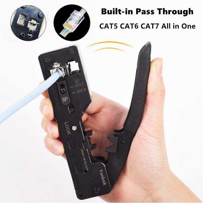 Yankok CAT5 CAT6a CAT7 Pass Through Crimper (RJ45 Pass-Thru RJ12 RJ11 Regular Crimp and Cut) HT-7088 Black