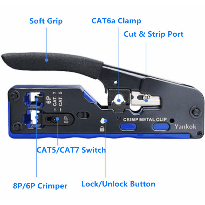 Yankok Wholesale HT-718 RJ45 RJ12 RJ11 Modular Crimper Shielded and Unshielded Connector Crimp Strip and Cut