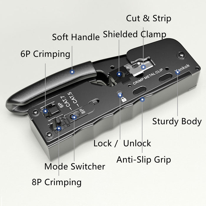 Yankok All-in-One Pass Through Crimper (Crimps RJ45 Pass-Thru and RJ12 RJ11 Standard Shielded and Unshielded) YK-0718BK