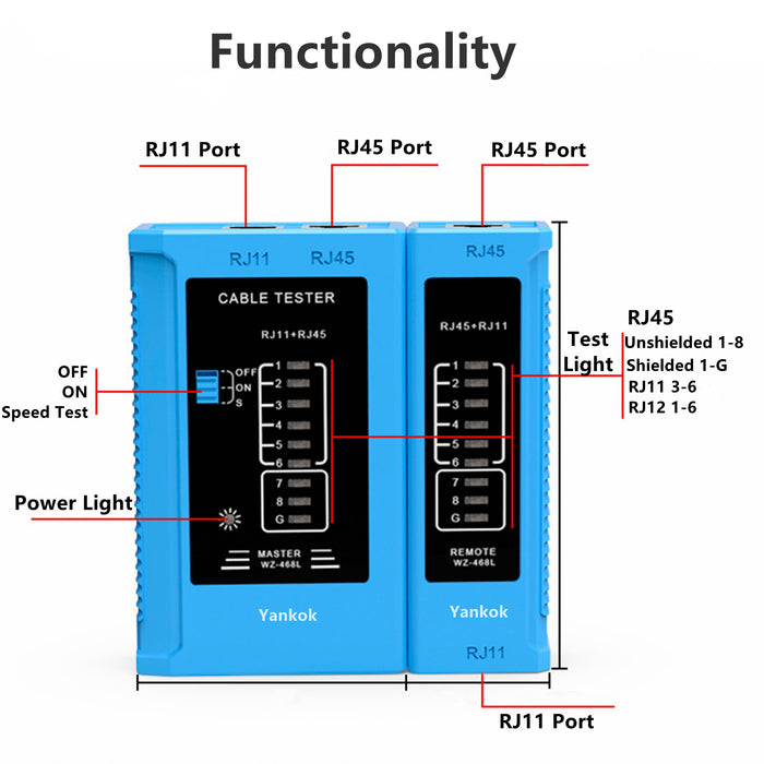 Yankok RJ45 RJ12 RJ11 Network Cable Tester WZ-468L Blue (w/o Battery)