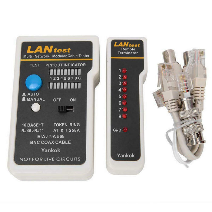 Netzwerkkabeltester für 10Base-T, 10Base-2 Ethernet, RJ11/RJ12/RJ45 Modularkabel, 258A, TIA-568A/568B und Token Ring Kabel (mit 2x RJ-45-auf-BNC Adapter, 1x BNC Stecker, 1x Carry Beutel)