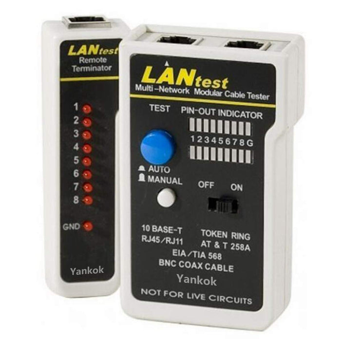 Netzwerkkabeltester für 10Base-T, 10Base-2 Ethernet, RJ11/RJ12/RJ45 Modularkabel, 258A, TIA-568A/568B und Token Ring Kabel (mit 2x RJ-45-auf-BNC Adapter, 1x BNC Stecker, 1x Carry Beutel)