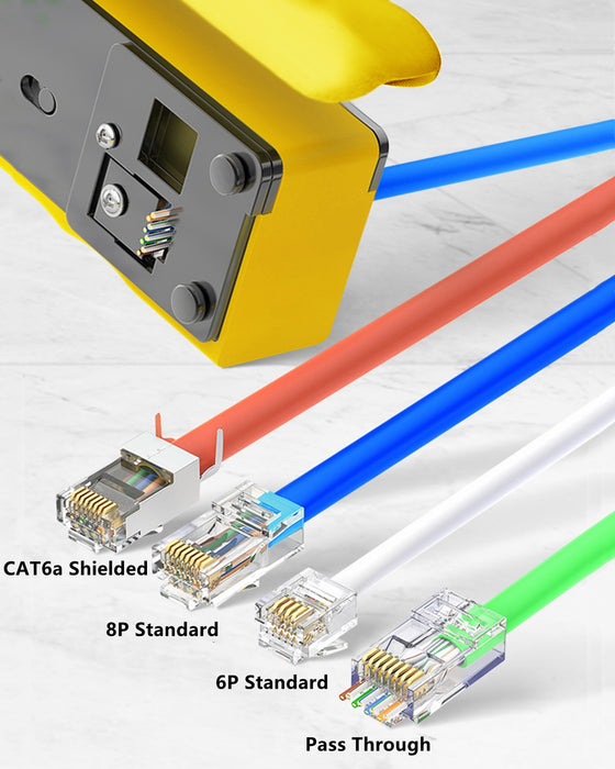 CAT5 CAT6 Pass Through Crimper Crimping Tool for Standard RJ45 RJ12  Connectors CAT6A Shielded Modular Plugs,Yellow 