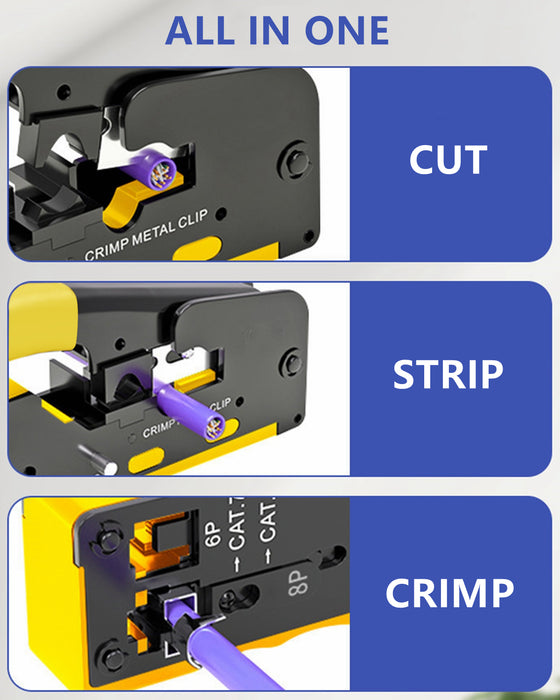 CAT5 CAT6 Pass Through Crimper Crimping Tool for Standard RJ45 RJ12  Connectors CAT6A Shielded Modular Plugs,Yellow 