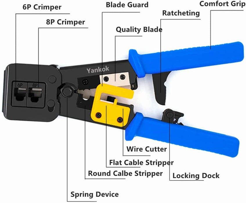 Yankok RJ45 RJ12 RJ11 Pass Through Crimper, Crimp Strip and Cut, Blue Handle, Heavy Duty