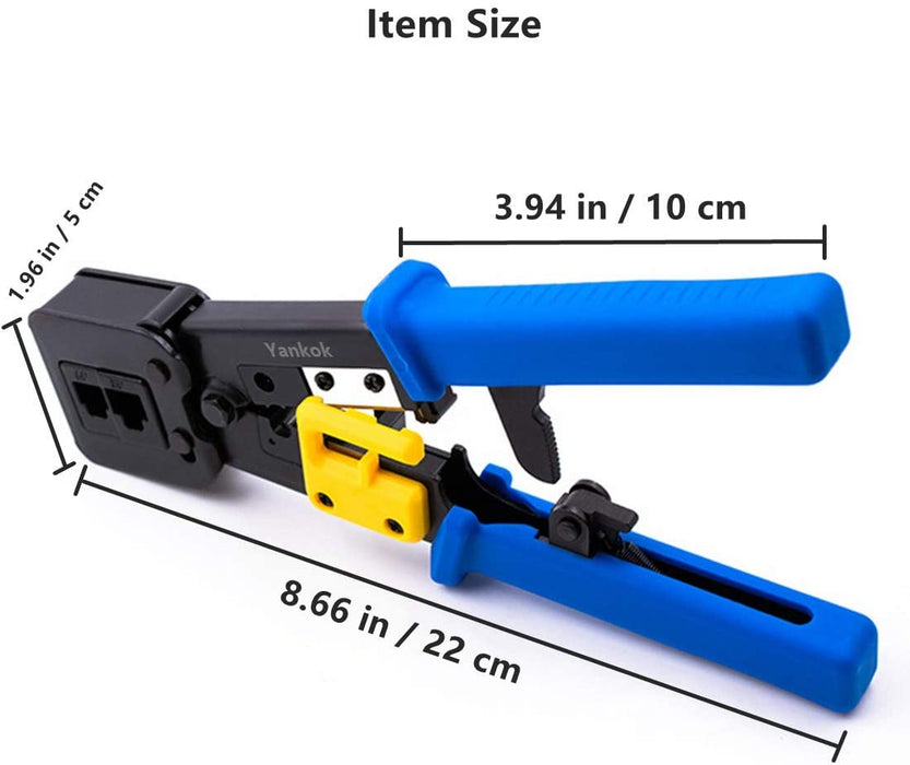 Yankok RJ45 RJ12 RJ11 Pass Through Crimper, Crimp Strip and Cut, Blue Handle, Heavy Duty