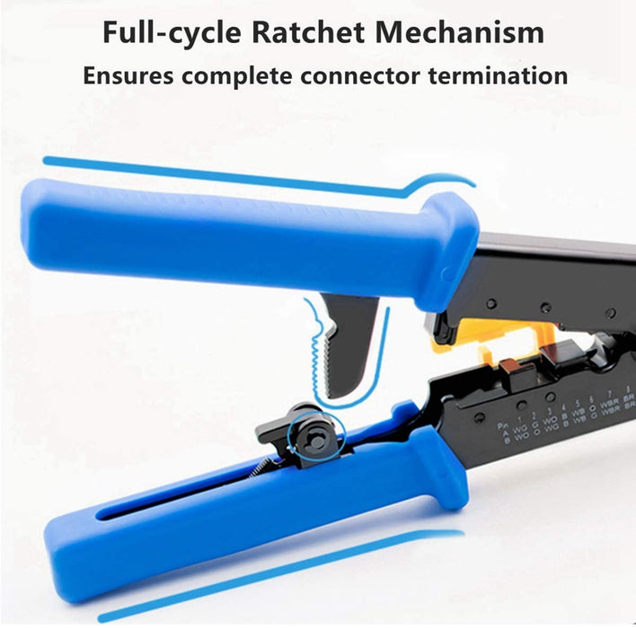 Yankok RJ45 RJ12 RJ11 Pass Through Crimper, Crimp Strip and Cut, Blue Handle, Heavy Duty