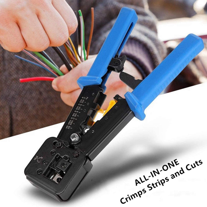 Yankok RJ45 RJ12 RJ11 Pass Through Crimper, Crimp Strip and Cut, Blue Handle, Heavy Duty