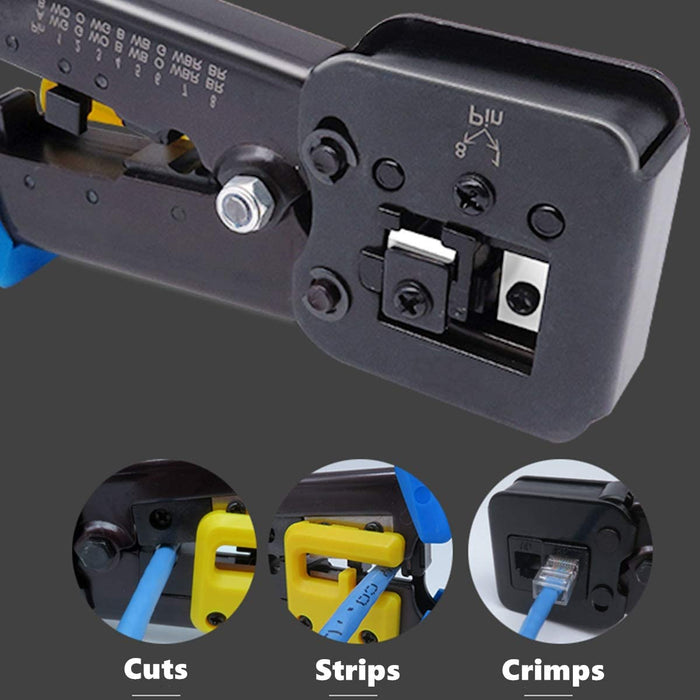 Yankok RJ45 RJ12 RJ11 Pass Through Crimper, Crimp Strip and Cut, Blue Handle, Heavy Duty