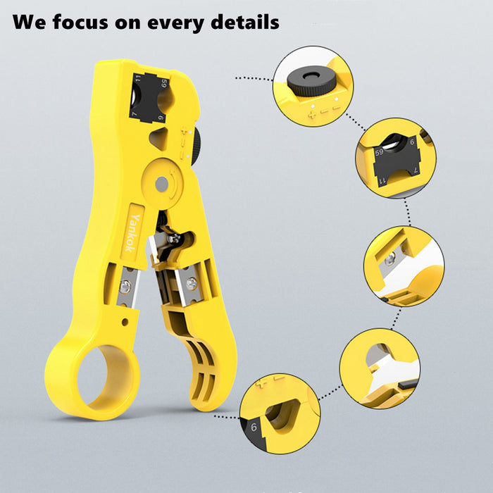 Yankok HT352Y Universal Cable Strip and Cut Tool Yellow with Adjustable Blade Depth (Coaxial / Ethernet / TV / Telephone)