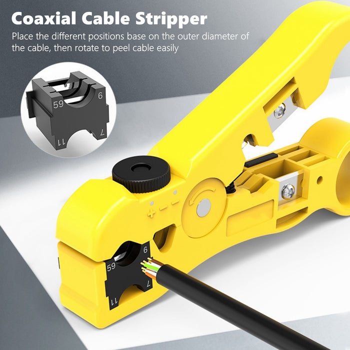 Yankok HT352Y Universal Cable Strip and Cut Tool Yellow with Adjustable Blade Depth (Coaxial / Ethernet / TV / Telephone)