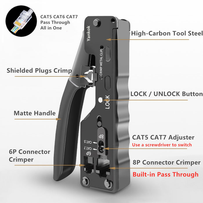 RJ45 Crimp Tool Pass Through Cat5 Cat5e Cat6 Crimping Tool for RJ45/RJ12  Regular