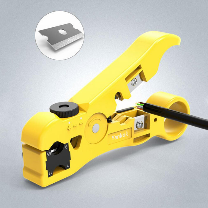 Yankok HT352Y Universal Cable Strip and Cut Tool Yellow with Adjustable Blade Depth (Coaxial / Ethernet / TV / Telephone)