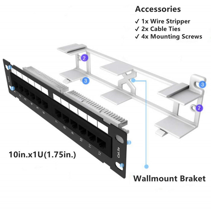 Yankok CAT5/5e 12 Port Patch Panel with Bracket 10in.x1U Rack/Wall Mount