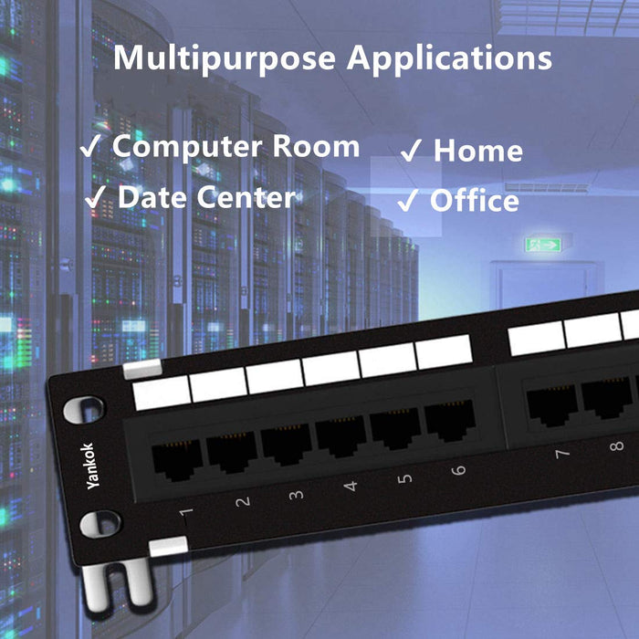 Yankok CAT5/5e 12 Port Patch Panel with Bracket 10in.x1U Rack/Wall Mount