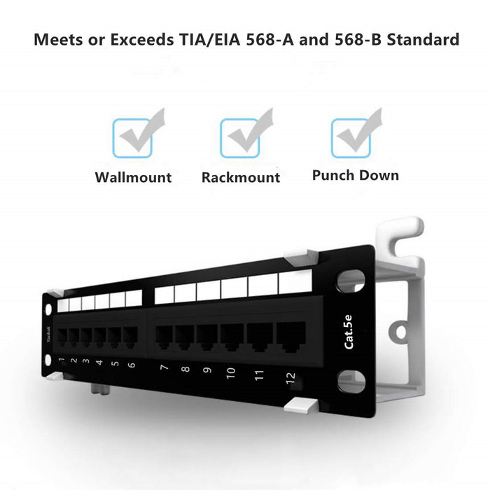 Yankok CAT5/5e 12 Port Patch Panel with Bracket 10in.x1U Rack/Wall Mount