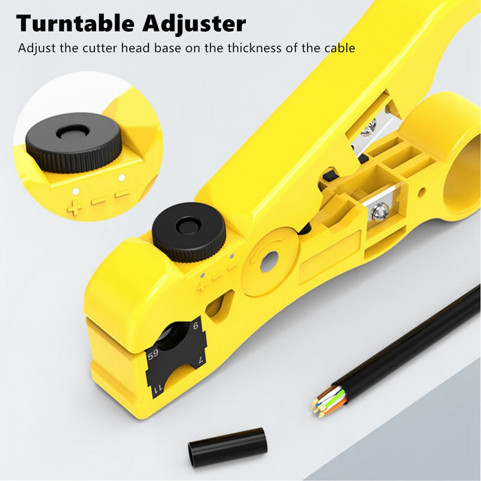 Yankok HT352Y Coaxial Cable Strip and Cut Tool Yellow with Adjustable Blade Depth (Coax / Ethernet / TV / Telephone)