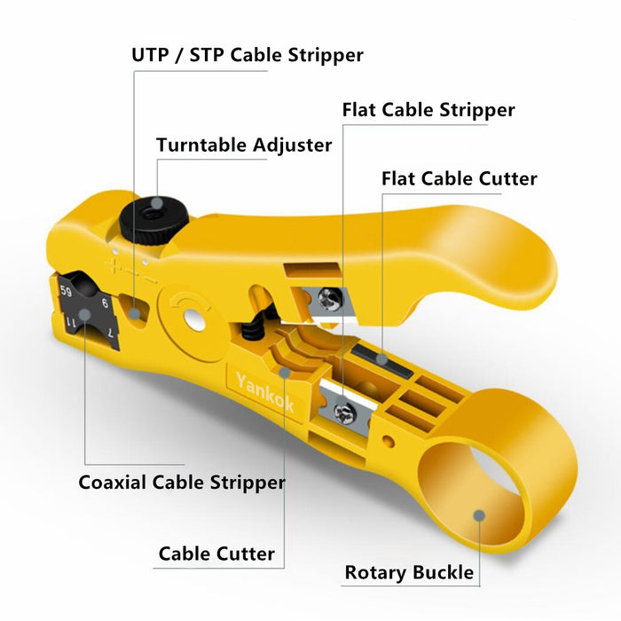 Yankok HT352Y Coaxial Cable Strip and Cut Tool Yellow with Adjustable Blade Depth (Coax / Ethernet / TV / Telephone)